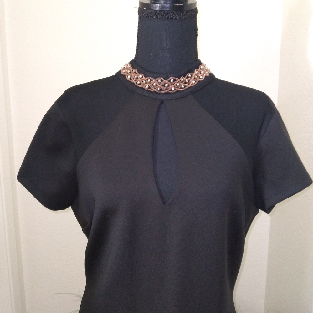 Enfocus Studio Black Midi Short Sleeve Dress with Embellished Neckline- Size 8 - Picture 4 of 12
